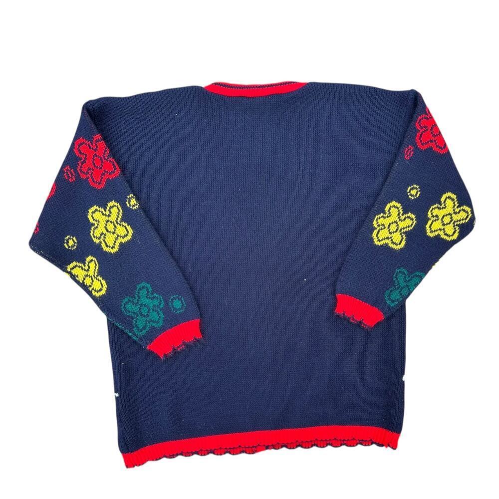 Vintage Peanuts Snoopy Cardigan Sweater Knit Floral Navy Blue Red Size Large - Picture 2 of 6